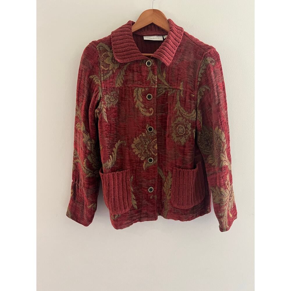 Susan Bristol Tapestry Button Down Collared Jacket Wearable Art Floral Small JL
